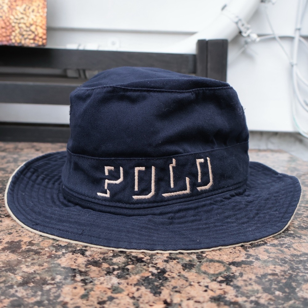 Vintage Polo Ralph Lauren Spell Out Navy Blue Ghost Logo Bucket Hat Large 90s